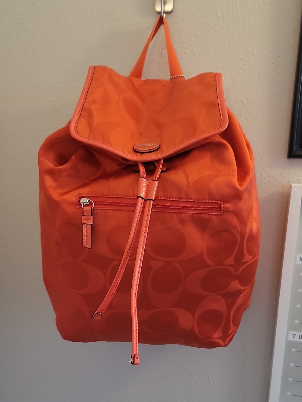 Coach Orange Signature Nylon Drawstring Backpack